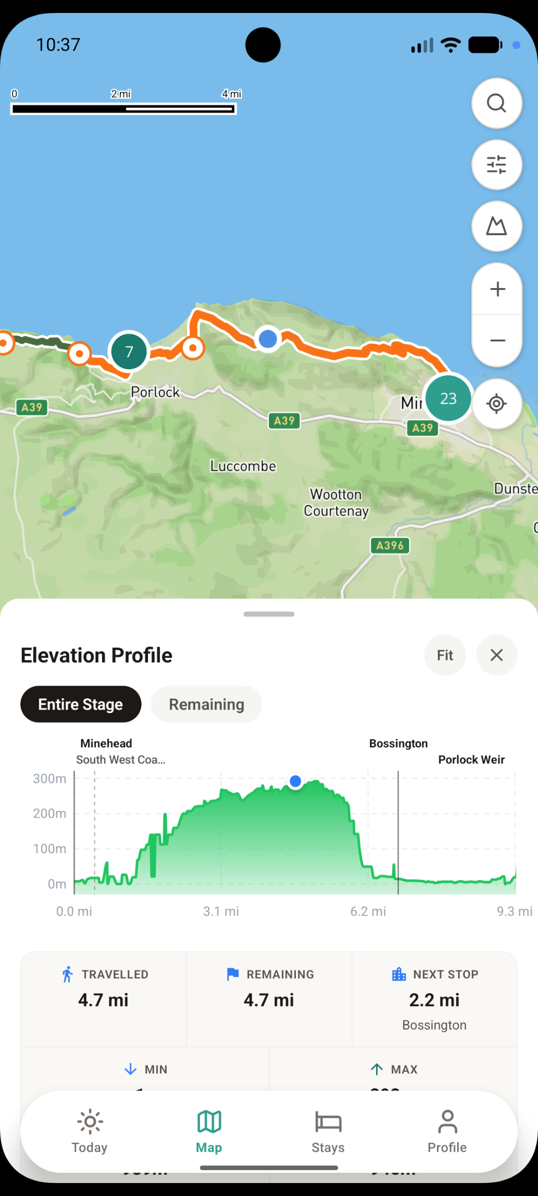 Map with elevation profile