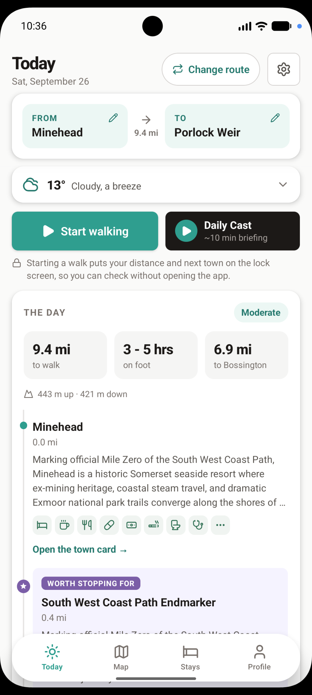 Today screen: Minehead to Porlock Weir, 9.4 miles, weather, and the day's towns